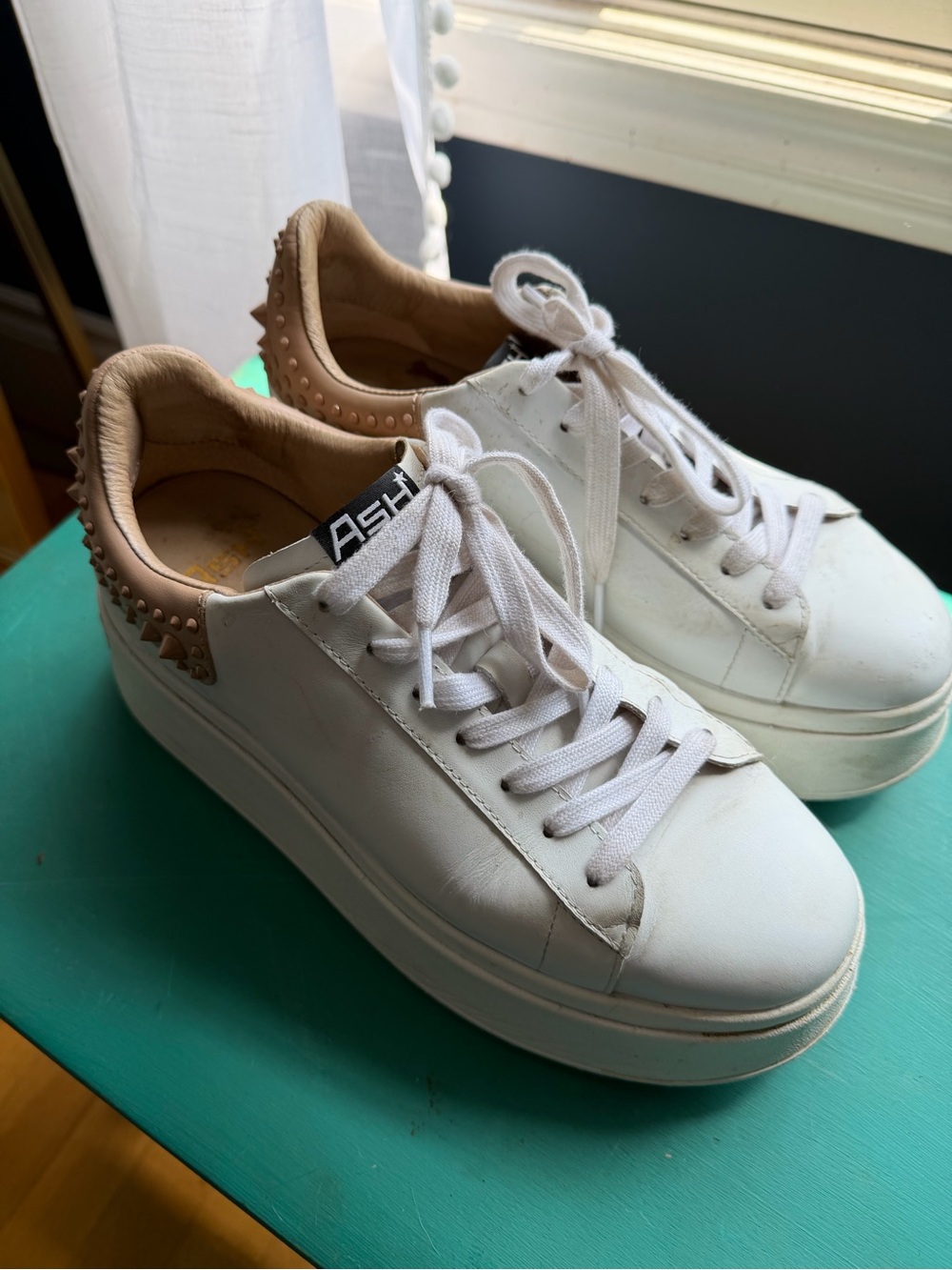 ASH White Leather Platform Sneakers with Tan Studded Heel Collar
